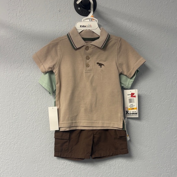 NWT Kid’s Headquarters Dino Tan Polo, Dino Green Tee & Brown Shorts 3-Piece Set - Picture 2 of 10